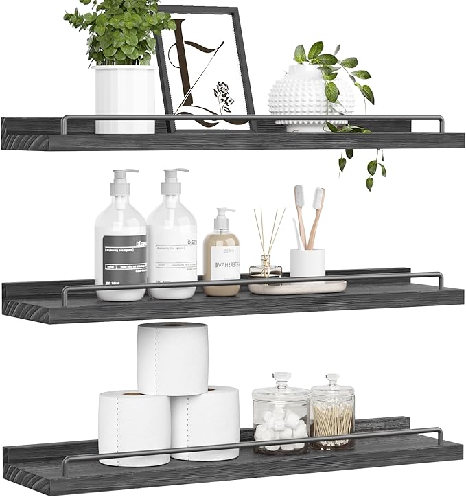 RYOFOBETTO 22 inches Long Floating Shelves, Bathroom Decor Shelves Over Toilet, Farmhouse Wall Shelves for Living Room, Bedroom, Picture Frames, Plants, Kitchen, Set of 3 (Black)