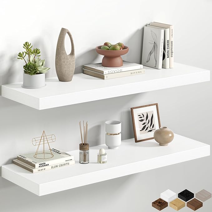 36 Inch White Floating Shelves for Wall, 12 Inch Deep Shelves for Bedroom, Kitchen, Bathroom Wall Mounted, Rustic Wood Floating Shelf with Invisible Brackets for Books, Storage, Decor, 2 Pack