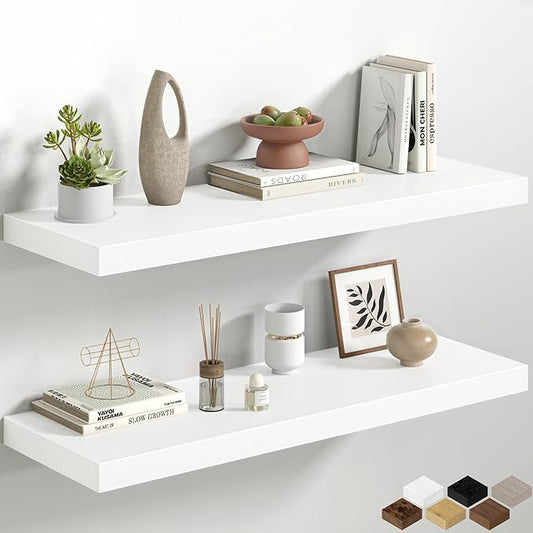 36 Inch White Floating Shelves for Wall, 12 Inch Deep Shelves for Bedroom, Kitchen, Bathroom Wall Mounted, Rustic Wood Floating Shelf with Invisible Brackets for Books, Storage, Decor, 2 Pack