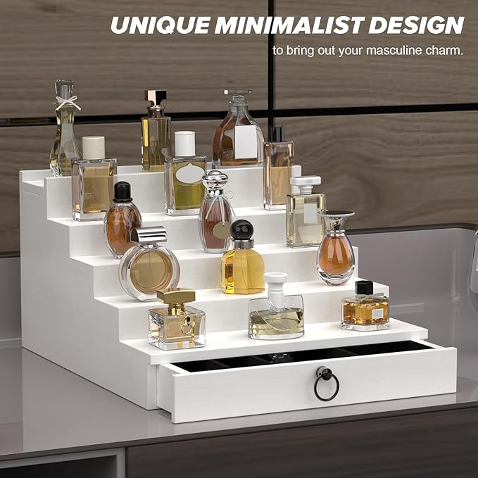 upcessory Cologne Organizer for Men, 5 Tier Black Cologne Shelf, Perfume Stand with Drawer and Hidden Compartment Perfume Display Holder - A Gift for Men