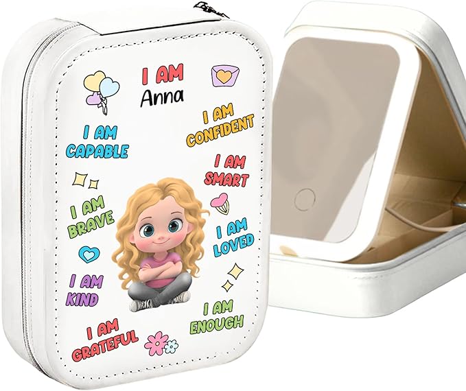 Wrappiness Women & Girls Floral Makeup Box With LED Mirror - Personalized Birthmonth Flower Travel Jewelry Organizer Gift for Daughters Sisters on Birthday Christmas (I Am Smart, Women)