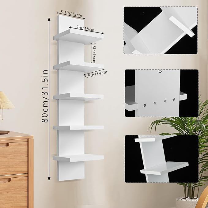 Extended 5 Tier Wall Shelf Unit - 43" Lack Display Floating Shelf, Narrow Smooth Laminate Finish - Vertical Wall Decor Mount Floating Storage Home Decor Organizer Tall Tower Utility Shelves(White)