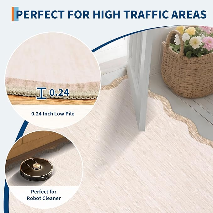 GarveeHome Scalloped Round Rugs 5Ft Washable Area Rug for Playroom, Kids Non-Slip Neutral Classic Circle Rug Modern Large Carpet Soft Boys Rug for Classroom Dorm Bedroom, Beige
