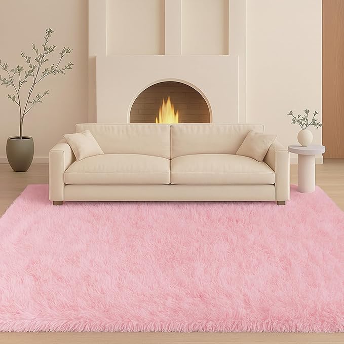 Fluffy Plush Shag Rug 5x7, Ultra Soft Cute Pink Rug for Living Room Bedroom, Non-Slip Fuzzy Area Rug for Living Room, Carpet for Girl Boy Kids,Modern Indoor Home Decor Aesthetic