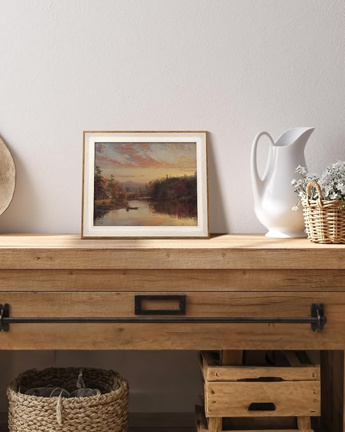 VIYYIEA Framed Wall Art for Living Room, Lake Canvas Prints, Vintage Home Decor, Fall Landscape Painting Picture, Bathroom Wall Decor Gifts for Friends or Family -【Dusk】-(12L x 10W)
