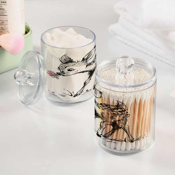 2 Pack Apothecary Jars,Fawn Holding Blossom Bathroom Vanity Storage Organizer Set,Small Clear Plastic Storage Jars Bathroom Canister for Cotton Swabs,Rounds,Balls,Qtips,Makeup Sponges