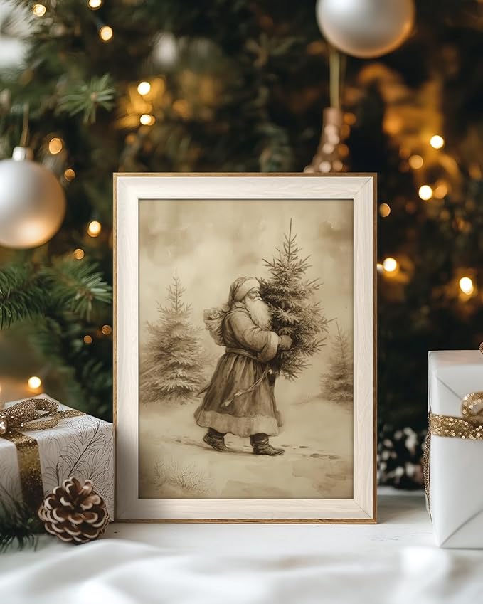 VIYYIEA Framed Wall Art for Living Room, Santa Claus Delivering a Christmas Tree Canvas Painting, a perfect holiday home decoration and gift for friends and family - 12 x 16 inches