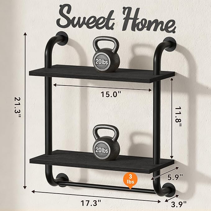 Tinpin Bathroom Shelves Wall Mounted, Rustic Farmhouse Pipe Shelves, Wall Shelves 2-Tier, Industrial Pipe Shelving, Floating Shelf Decor for Bathroom, Bedroom, Living Room Thanksgiving 17.3in Black