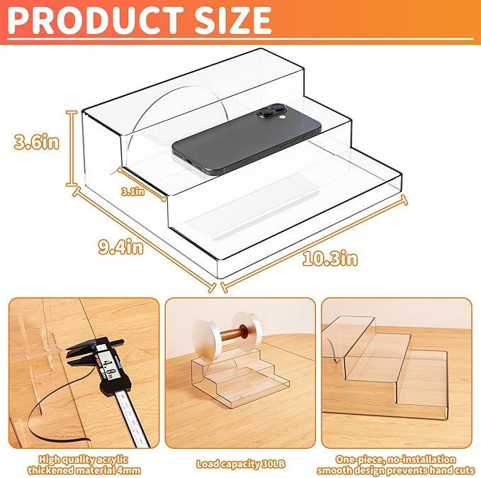 Yieach 3 Tiered Acrylic Display Stands for Cupcake Stand,Perfume Shelf Organizer,Figure and Funko Pop Display,No Installation,Clear Table Risers Display Stands for Collectibles,Makeup and Dessert,2PCS