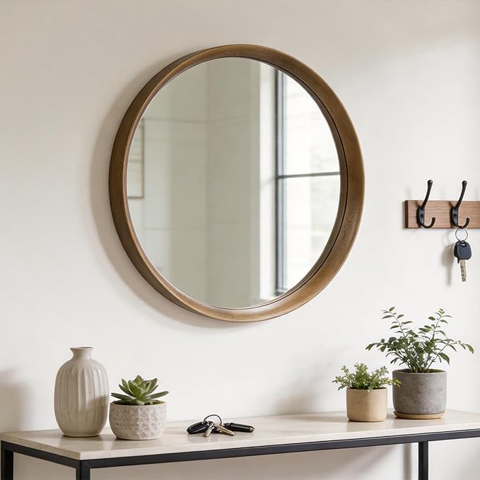 Brakki Round Wall Mirror with Wood Frame, 32 inch Circle Mirror for Bathroom Bedroom Entryway Vanity Living Room, HD Shatterproof Glass, Wall Mounted Decor, Hanging or Leaning, Walnut