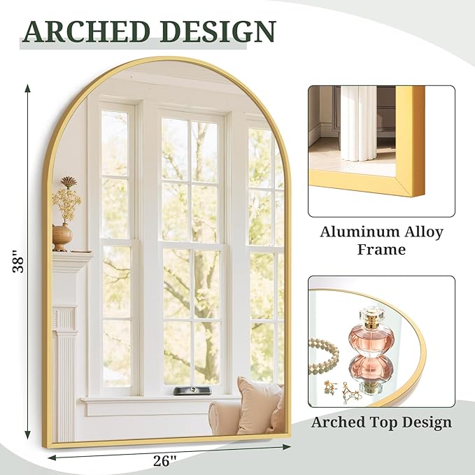 Arched Wall Mirror 38x26 Inch Gold Bathroom Vanity Mirror with Metal Frame, Modern Arch Mirror for Bedroom, Living Room, Entryway, Wall Mounted Decorative Mirror