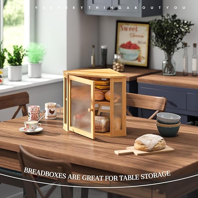 STDDRE Corner Bread Box Kitchen Countertop Extra Large Capacity Farmhouse Bread Box, Corner Countertop Storage, Double Layer Bread Holder (Natural, Large)