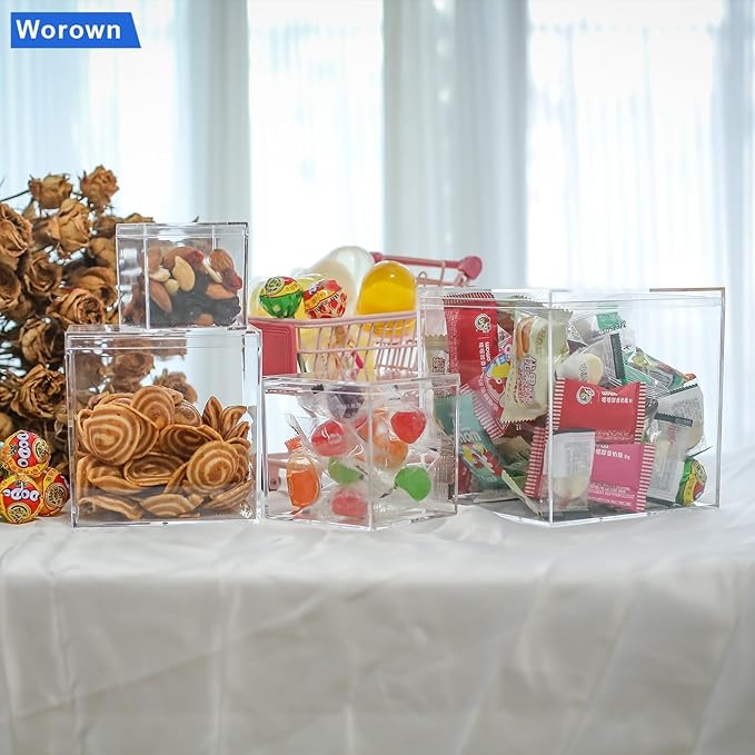 Worown 6 Pcs Acrylic Cube Box with Lid, Clear cube Candy Storage Container, Acrylic Square Cube Boxes for Figures, Cosmetics, Jewelry, Collections (Size 1.3", 2.2", 3", 3.3", 4", 4.7")