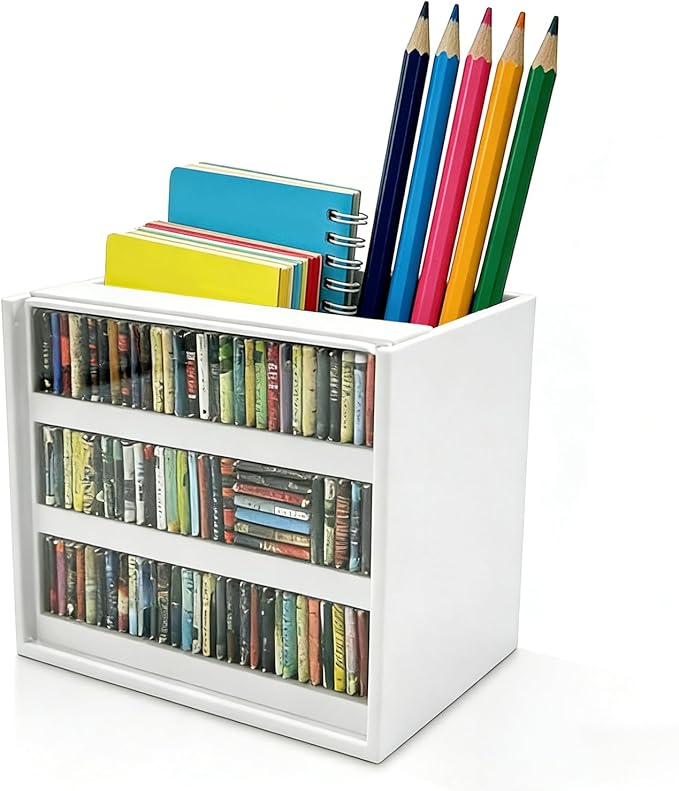 White Anxiety Bookshelf with 100 Mini Books, Shaking Miniature Library for Stress Relief, Aesthetic Bookmark Holder & Pencil Organizer, Tiny Book Shelf Ornament, Gifts for Book Lovers Decor