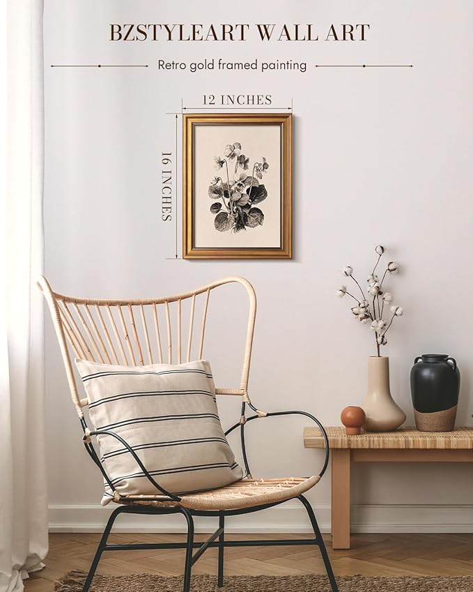 Bzstyleart Vintage Wall Art Decor for Living Room, Gold Framed Flower Wall Art Vintage Travel, Sketching Painting Picture, Home Decor Aesthetic for Kitchen Bathroom, Viola Sororia, 12L x 16W