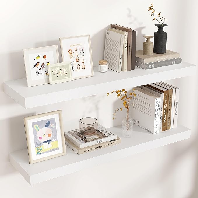 Venusmiles Floating Shelves for Wall, Engineered Wood Wall Shelves with Invisible Brackets for Living Room Bedroom Bathroom Office Kitchen Decor and Storage (White, 36" W x 9" D x 1.5" H) Set of 2