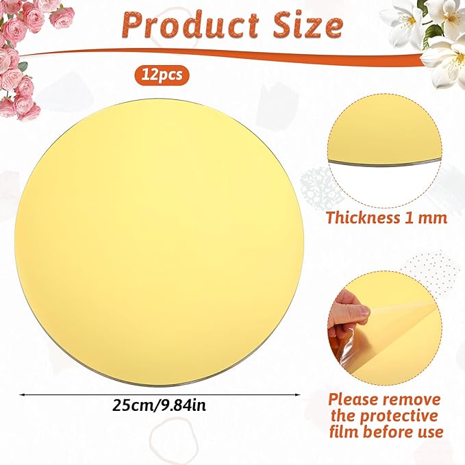 12 Pcs 10 Inch Acrylic Round Mirrors, Round Mirrors for Centerpieces, Mirror Centerpieces for Tables, Circle Mirror Plates, Acrylic Candle Plates for Home Wall Decor Weddings(Thickness 1 mm) (Gold)