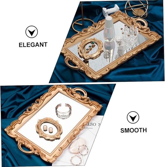 European Mirror Plate Decorative Tray Golden Retro Makeup Organizer Tray for Perfume Storage and Photo Props Home Décor Accent for Bedroom and Bathroom