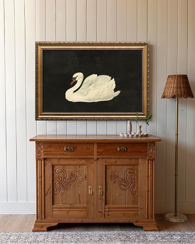 KBKBART Vintage Framed Wall Art for Living Room, White Swan Vintage Painting Canvas Wall Art Prints for Bathroom Wall Decor, Classical Gold Framed Animal Vintage Wall Decor Aesthetic for Bedroom, 16"x24"