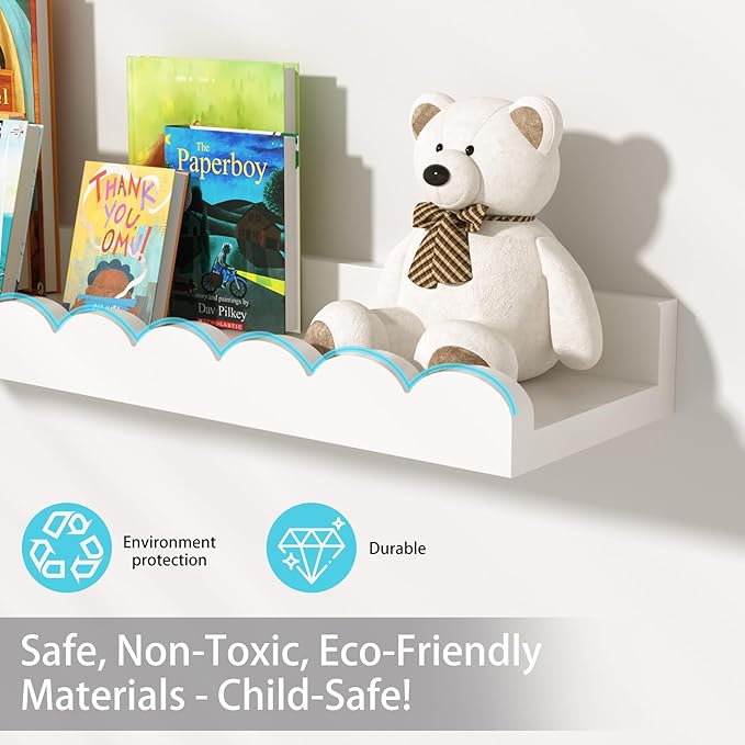Nursery Floating Shelves for Kids Room, White Wall Shelves, 4 Pack 23.6 x 4.7 Inch Scalloped Kids Bookshelves for Toddler Bedroom, Playroom, Baby Nursery Decor