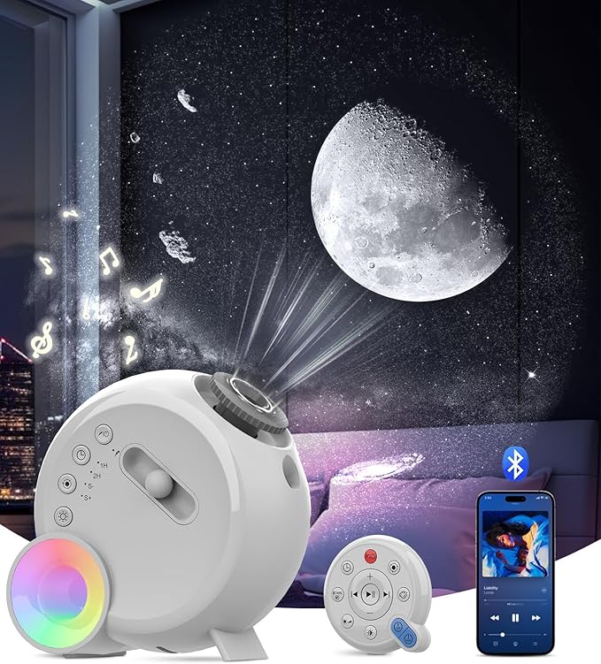 Galaxy Projector for Bedroom,4K Image Planetarium Projector Adjustable Knob,13 in 1 Kids Night Light Projector with Built-in Speaker & White Noise,360° Rotating with Remote Timer (White)