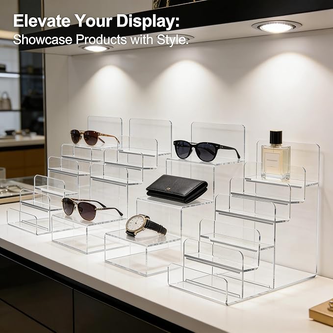 Cabilock 6-Tier Clear Acrylic Display Stand - Multi-Level Wallet Organizer for Sunglasses and Purse Display, Tiered Perfume & Cologne Stand for Men, Slim Riser for Artist Alley & Vendor Craft Show