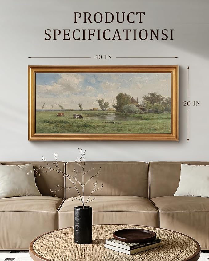 Bzstyleart Vintage Wall Art Decor for Living Room, Large Canvas Framed Wall Art, Landscape Painting Picture Farmhouse, Big Canvas Artwork Bedroom Home Decor Aesthetic, Rural Pastoral, 20 x 40 Inch