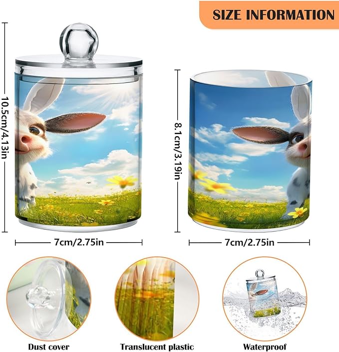 Nander 2Pack Cute Cow Qtip Holder Dispenser -Clear Plastic Apothecary Jars Set - Restroom Bathroom Makeup Organizers Containers for Cotton Swab, Ball, Pads, Floss