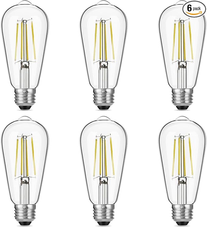 Gozelux Vintage LED Edison Bulbs, 6W, Equivalent 60W, High Brightness Daylight 5000K, ST58 Antique LED Filament Bulbs with 90+ CRI, E26 Medium Base, Dimmable, Clear Glass, Pack of 6