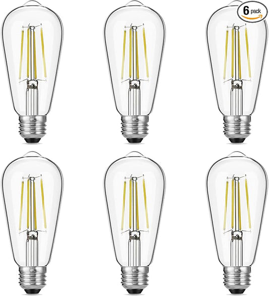 Gozelux Vintage LED Edison Bulbs, 6W, Equivalent 60W, High Brightness Daylight 5000K, ST58 Antique LED Filament Bulbs with 90+ CRI, E26 Medium Base, Dimmable, Clear Glass, Pack of 6