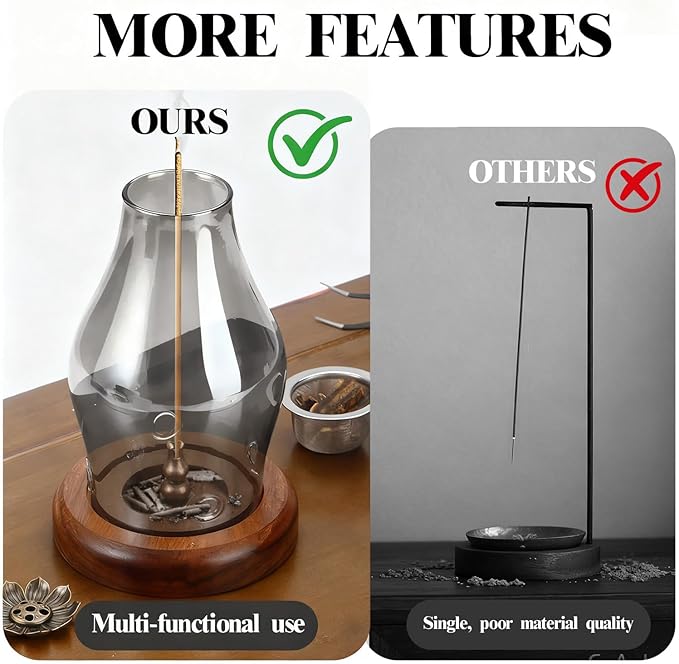 Glass Incense Holder for Sticks, Wooden Incense Stick Holder With Ash Catcher, Modern Insence-Stick Holder, Multi-Functional Anti-Ash Flying Incent Holder for Yoga Spa Meditation Home Zen Decor (Gray)