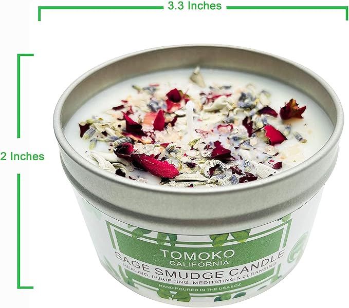TOMOKO White Sage Candle, Sage Leaf, Rose, Lavender, Himalayan Salt & Essential Oil