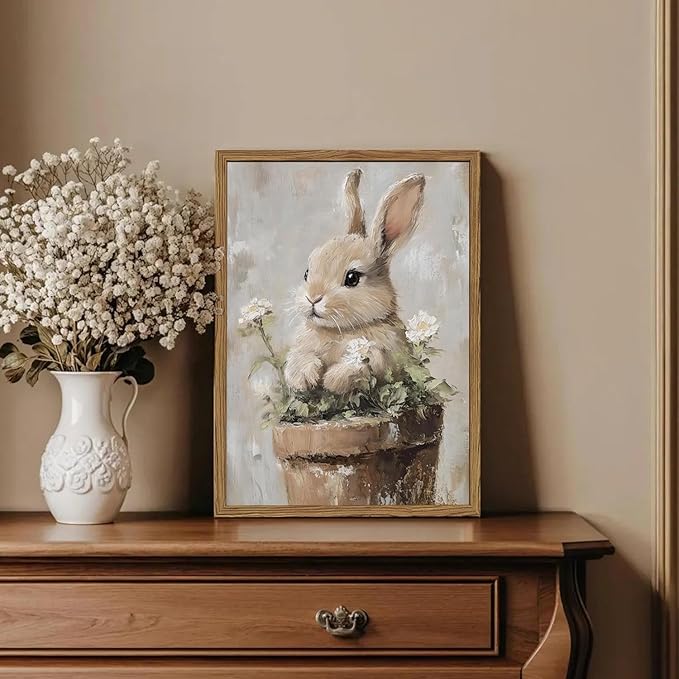 Framed Vintage Easter Bunny Wall Art, Cute Cottagecore Rabbit Floral Pictures Wall Decor, Spring Farmhouse Animal Paintings Prints Rustic Home Decor for Living Room Bedroom Nursery 16x24 inch