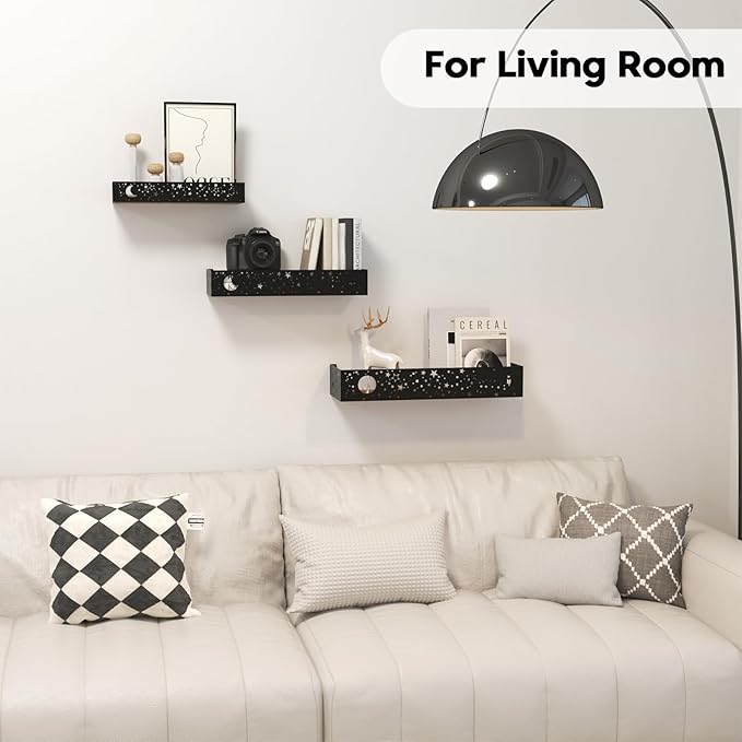 Moon and Stars Wall Shelves Black, Set of 3 Small Floating Shelves for Bedroom Living Room Wall Storage or Decor, Brown Board