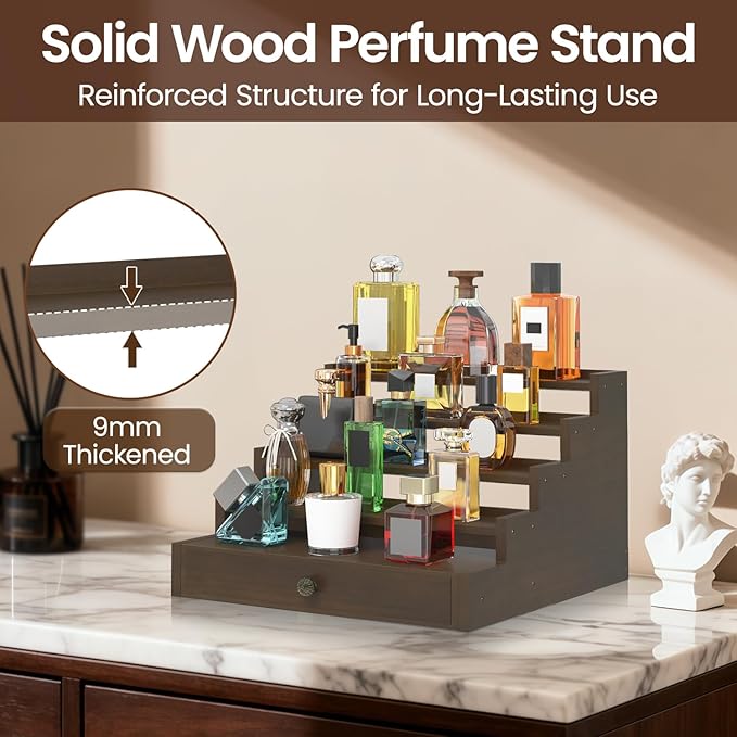 MODOWEY Perfume Organizer Cologne Holder Stand for Men, Wooden Wide-Spaced Shelf with Drawer, 5 Tier Large Capacity Storage Rack for Dresser Countertop, for a Neat, Accessible Fragrance Display, Brown
