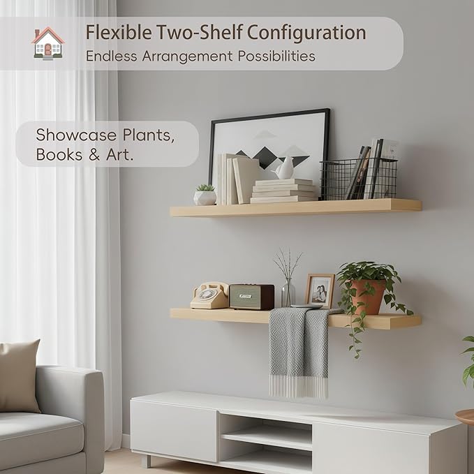 Lufia Floating Wall Shelves, Set of 2, MDF with Invisible Brackets, Modern Storage for Bedroom, Bathroom, Living Room, Kitchen (Oak, 32" W x 7" D x 1.5" H)