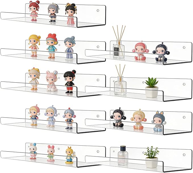 Acrylic Floating Shelves, 15.7 Inch Clear Wall Mounted Display Ledge, Invisible Bookshelf for Nursery, Makeup Organizer, Vinyl Records, 2-16 Pack (4)