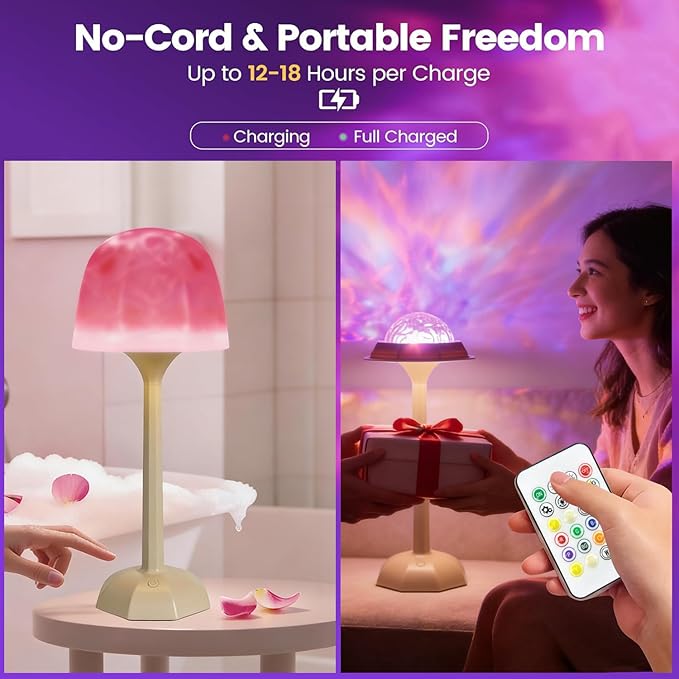 Rechargeable Shower Light, Waterproof Bathroom Lamp with Ocean Wave Projection, 3 Light Colors and 16 Ambient Modes, Touch and Remote Control, Ideal for Shower Rooms, Bedrooms and Nighttime Ambience