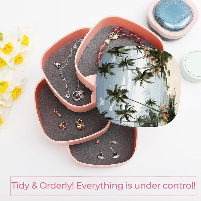 Tropical Palm Trees Jewelry Box 360°Rotating Storage Boxes Small Travel Earring Organizer with 4-Layers Rotatable Jewelry Storage Organizer for Ring Necklaces Makeup
