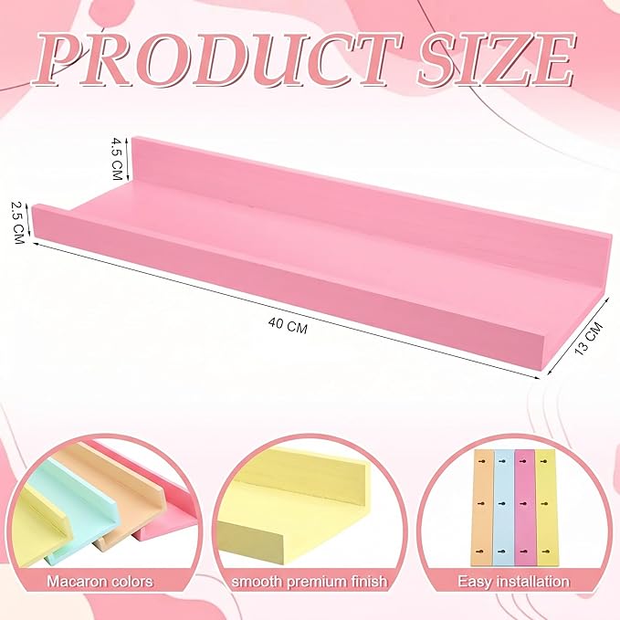 Amyhill 4 Set Pastel Wall Mounted Shelves 16 Inch Wood Wall Shelves Decor with Lip Candyland Macaroon Hanging Display Ledge Shelf for Room Kitchen Classroom Wedding Banquet Party Decor