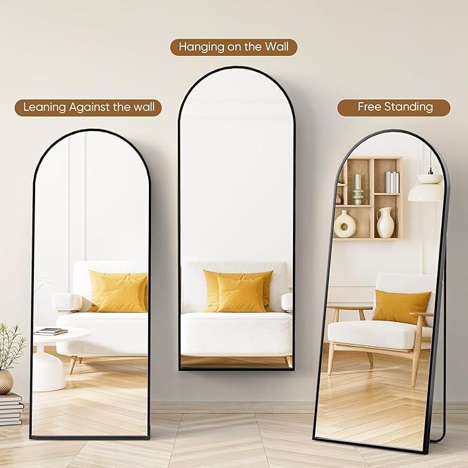 OLIXIS Arched Full Length Mirror 71.1"x25.5" for Bedroom, Full Body Mirror with Stand, Hanging or Leaning for Wall, Aluminum Alloy Thin Frame Floor Standing for Living Room, Long, Deep Black