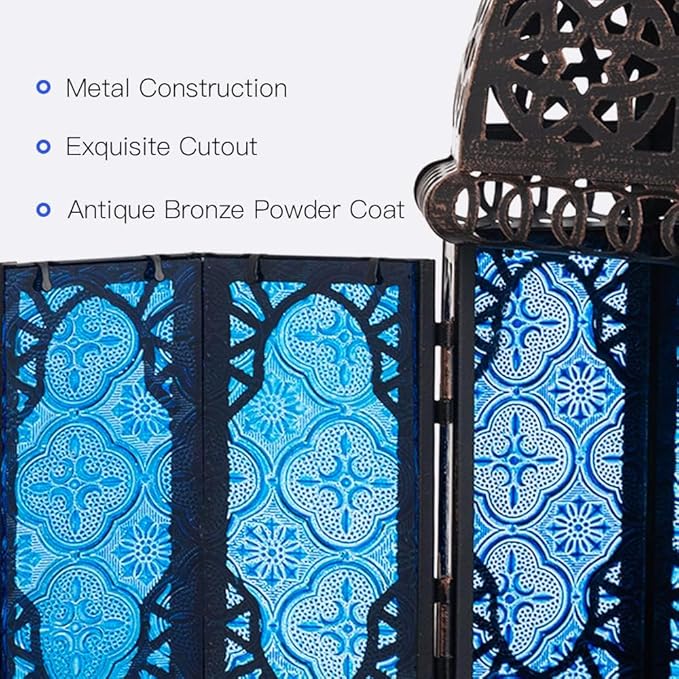 DECORKEY Christmas Lanterns Decorations Indoor & Outdoor, 11’’ Medium Size Vintage Metal Hanging&Tabletop Candle Holder Decor, Halloween Ramadan Decorations for Home Porch Patio(Blue)