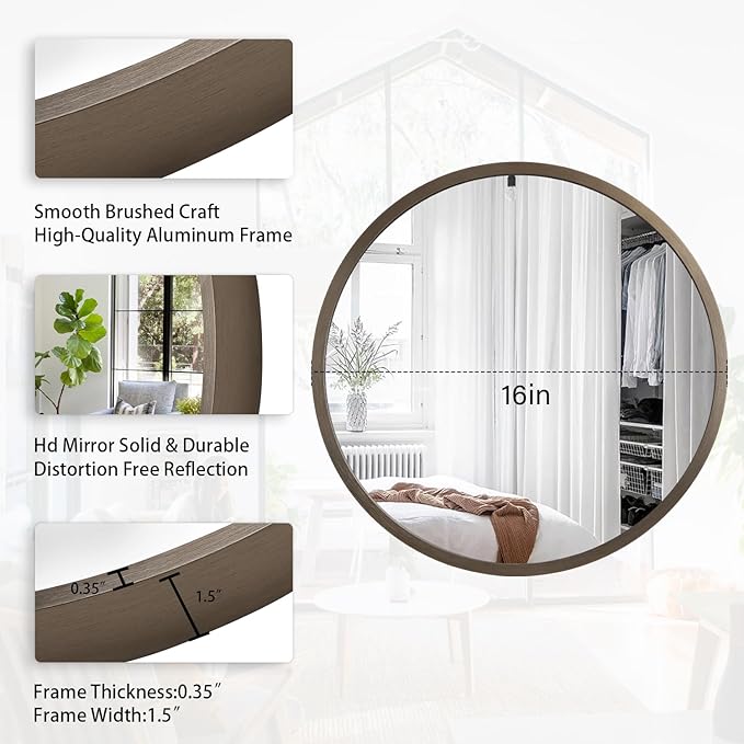 JJUUYOU Circular Wall Mirror Decorative Round Mirror for Bathroom Round Mirror Small Coffee Decor Circle for Wall Metal Framed Make up Mirror for Farmhouse Living Room Bedroom Dorm 16Inch