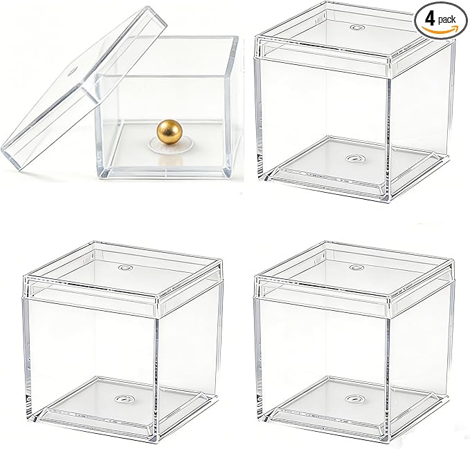 KissYou Small Acrylic Box Clear Candy Boxes with Lid Acrylic Square Cube 4 Pieces Display Case Transparent Jewelry Storage Box Party Decorative Boxes