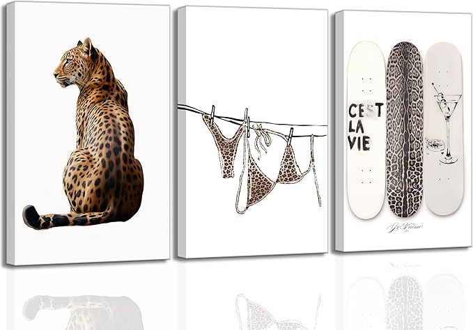 TOLAN 3Pcs Trendy Leopard Print Canvas Wall Art Stylish Female Aesthetic Poster Cheetah Printed Preppy Fashion Skateboard Picture Wall Decor for Bedroom Apartment Dorm Living Room Home Decoration