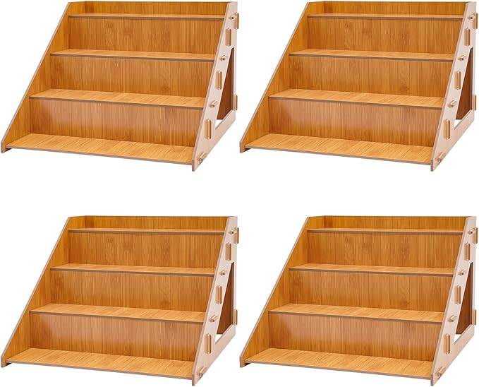 Wooden Display Riser Stand, 4 Set 4-Tier Cupcake Organizer Stand with Prevent Falling Edge, Cupcake Stands Shelf Holder for Candles, Skincare and Makeup