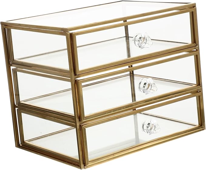Uonlytech Transparent Glass Jewelry Storage Box with Alloy Frame Large Capacity Desktop Organizer for Cosmetics Lipstick Nail Polish Multipurpose Makeup and Accessories Holder for Home and