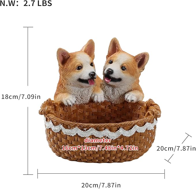 Dog Resin Storage Basket, Desktop Organizer for Remote & Keys, Cute Home Decor Tray, Ideal present for Pet Lovers.(Dual Corgi)
