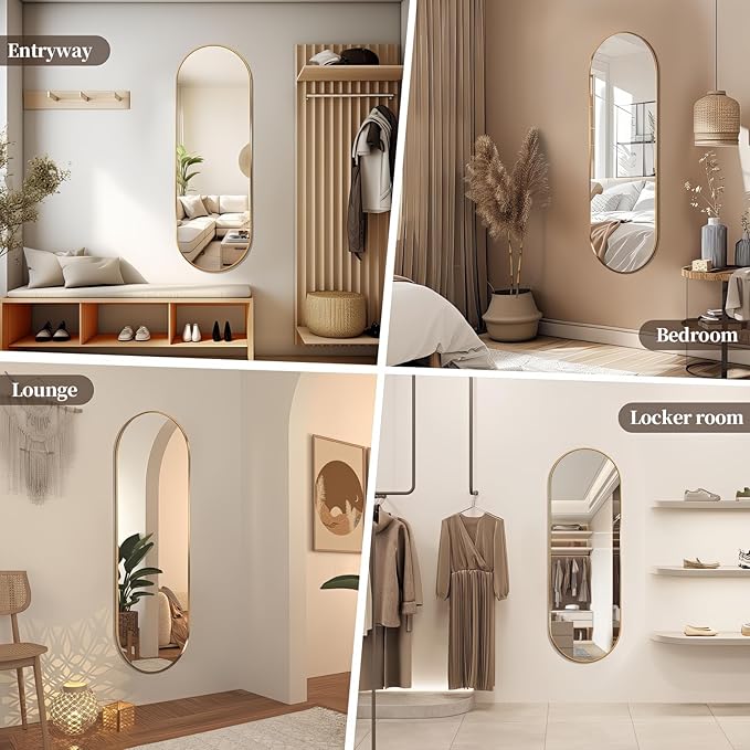 Oval Full Length Mirror, 48"×16" Wall-Mounted Mirror with Metal Frame, Ultra-Clear Explosion-Proof Dressing Mirror, Simple and Classic Deco for Cloakroom/Bedroom/Living Room, Gold