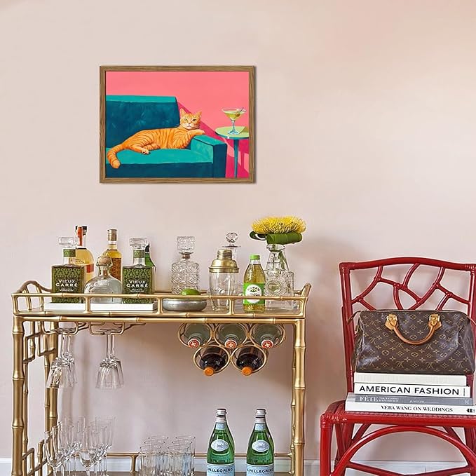 Funny Cat Wall Art Orange Cat With Martini Wall Decor Painting Whimsical Animal Cocktail Bar Cart Poster Canvas Prints Quirky Pet Lover Picture for Bedroom Living Room Wood Framed 16x24 inch
